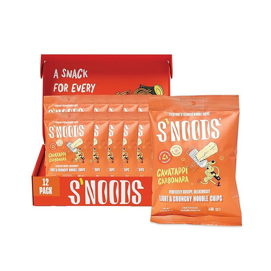 S’NOODS Cavatappi Carbonara Chips - Light & Crunchy Noodle Chips - Plant-Based Protein - Vegan Snacks - Gluten-Free - Perfectly Crispy & Delicious - For Adventurous Snackers - 0.74 oz (12 Pack)
