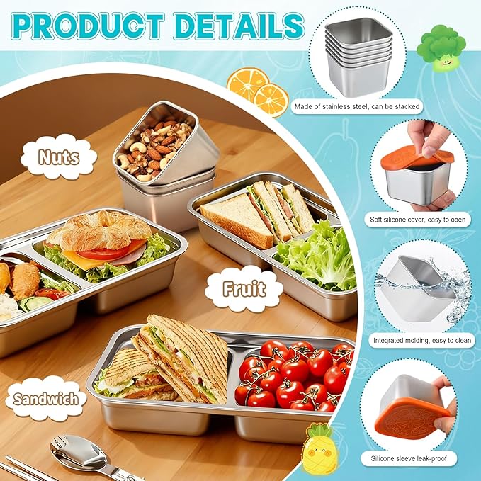 8PCS Stainless Steel Snack Containers — Double Compartment Lunch Boxes + 4Small Sauce Cups | 304 Food-Grade | Reusable, Stackable & Dishwasher Safe | Leak-Resistant Lids for Travel, Kids Lunches