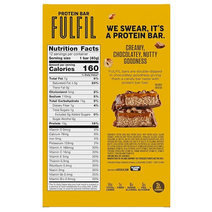 FULFIL Protein Snack Bars, Chocolate Hazelnut Flavored, Gluten Free with 15g Protein, Pantry Staples, 12 Count