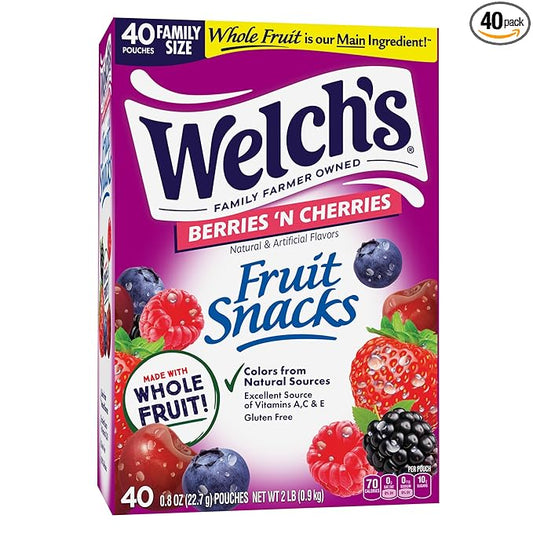 Welch's Fruit Snacks, Berries 'N Cherries Snack Box, Gluten Free, 0.8oz Snack Packs (Pack of 40)
