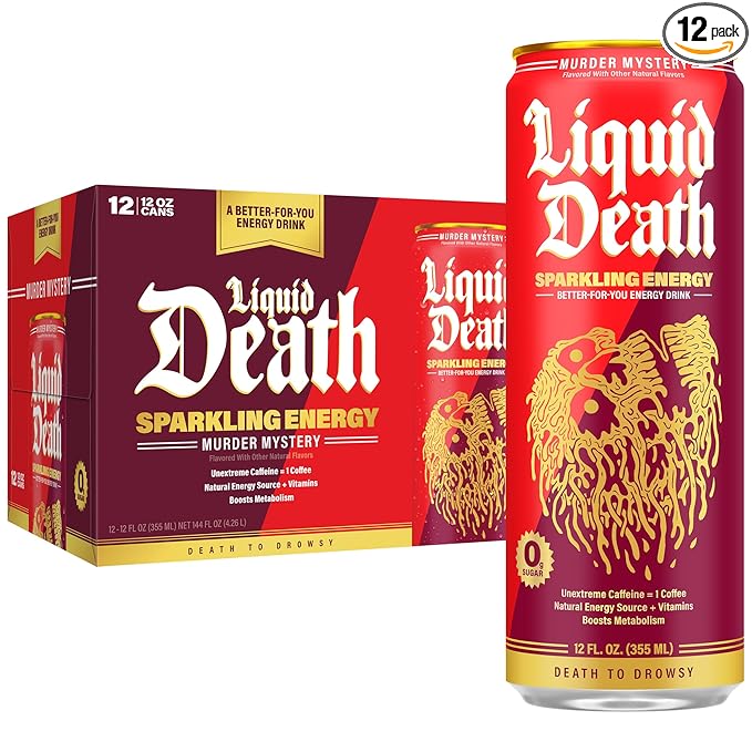 Liquid Death Sparkling Energy - Murder Mystery (Cherry, Cream, Spice), Zero Sugar Energy Drink, Unextreme Caffeine 100mg, Essential Vitamins, 12 Fl Oz (Pack of 12)