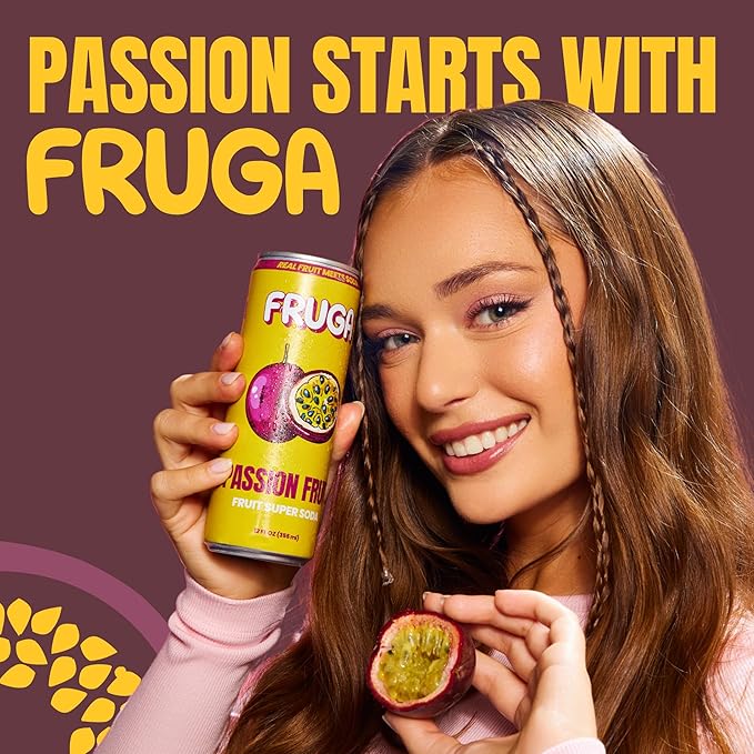FRUGA Passion Fruit Sparkling Fruit Super Soda | Prebiotic Soda Drink, Low Calorie, Healthy Soda Benefits and Vitamin Boost - 12 Fl Oz (Pack of 12)