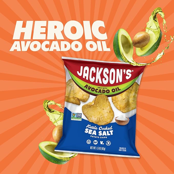 Jackson’s Potato Classic Kettle Chips with Sea Salt (1.5oz, Pack of 18) - Made with Premium Avocado Oil - Allergen-friendly, Gluten Free, Peanut Free, Vegan, Kosher - Shark Tank Product