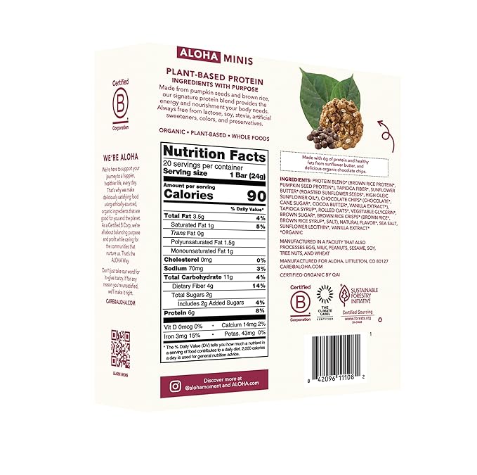 ALOHA Organic Plant Based Protein Bar MINIS | Oatmeal Chocolate Chip | GLP-1 Friendly, 20 Count, 24g Bars | Vegan, Low Sugar, Gluten Free, Low Carb, Non-GMO, No Stevia, No Soy, No Sugar Alcohols