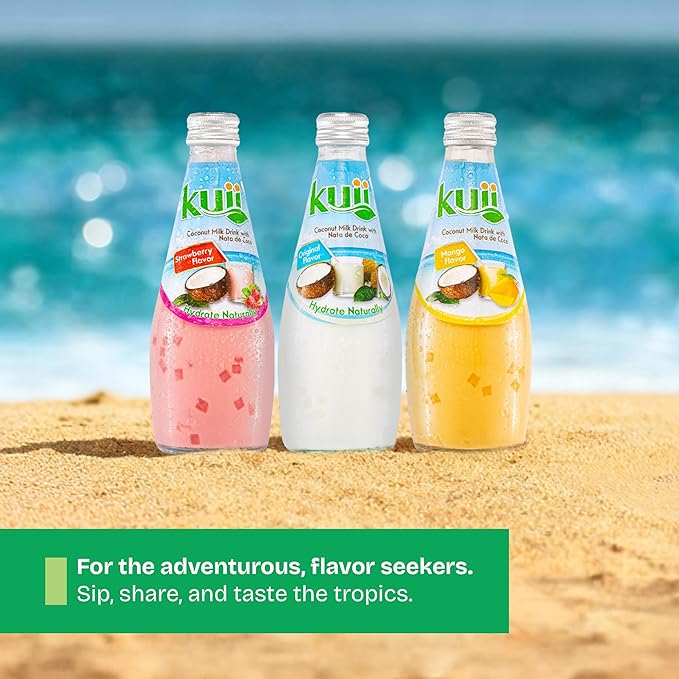 Kuii Coconut Milk Drink Variety Pack – 12 Count with Original Coconut, Strawberry & Mango Flavors – Refreshing Drinks with Nata de Coco for Fun & Fruity Tropical Hydration, 9.8 fl oz Bottles