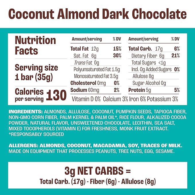 Munk Pack Coconut Almond Dark Chocolate Nut & Seed Snack Bars | 3g Protein, 1g Sugar, 3g Net Carbs | Keto Friendly, Plant-Based, Low Sugar, Gluten-Free Snacks | 12 Count (4.92 oz)