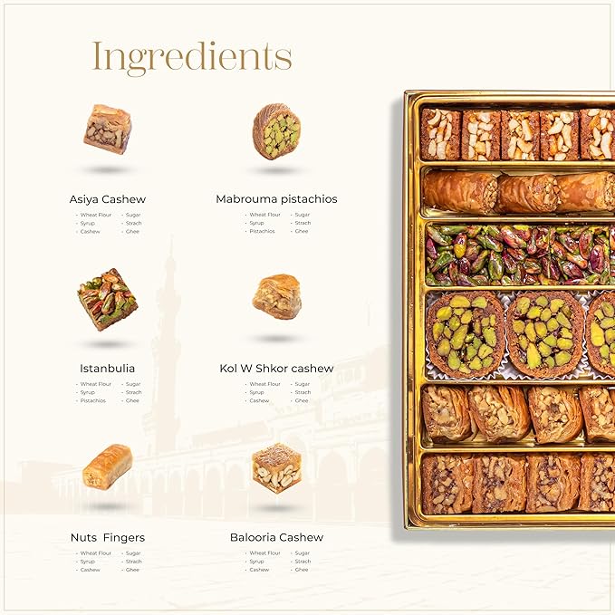 Damaskino Home Assorted Turkish Baklava Gift Box – 1.1lb (500g) 35 Pieces – Traditional Pistachio Baklava Pastry with Walnut & Cashew Fillings – Authentic Middle Eastern Sweets – Pistachio Gift Box