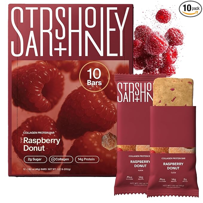 Stars + Honey Protein Bars - The Raspberry Donut, 14g Protein, 2g Sugar, w/Collagen Keto Friendly Snack - Gluten, Dairy, Seed Oil, & Soy Free - High-Protein Snacks for Energy & Recovery -10 pack