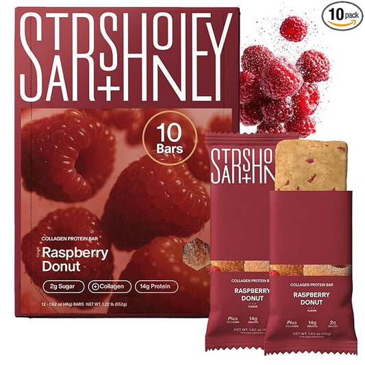 Stars + Honey Protein Bars - The Raspberry Donut, 14g Protein, 2g Sugar, w/Collagen Keto Friendly Snack - Gluten, Dairy, Seed Oil, & Soy Free - High-Protein Snacks for Energy & Recovery -10 pack