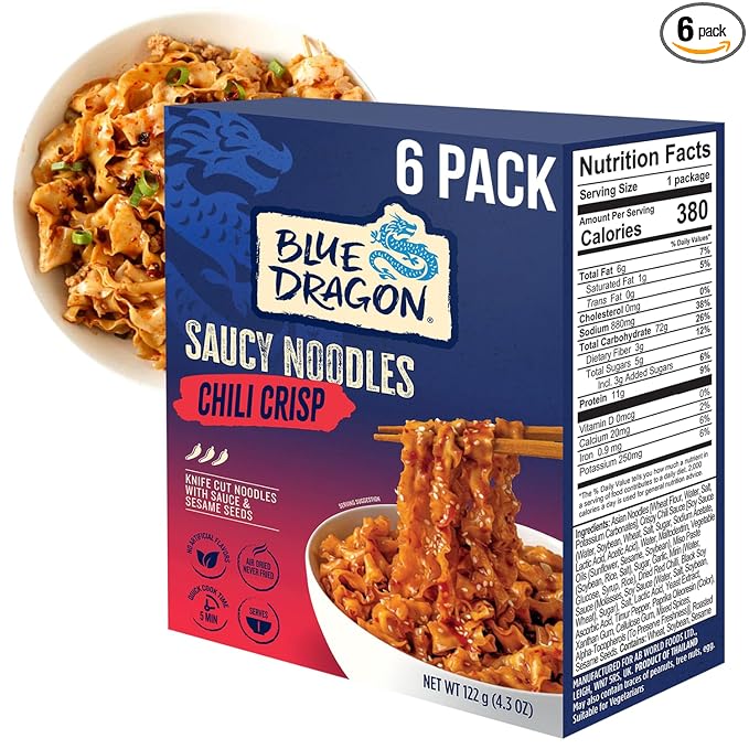 Blue Dragon Chili Crisp Saucy Noodles 4.2 oz (Pack of 6) – Knife-Cut Noodles with Crispy Chili Sauce – Air-Dried, Never Fried – Vegetarian Friendly