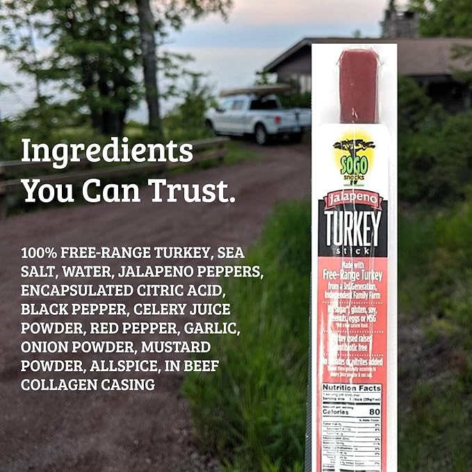 Jalapeño Turkey, Sogo Snacks, No Sugar, 100% Free-Range, Non-GMO Turkey Sticks. No Added Nitrates, Gluten, Soy, MSG, Dairy, Nuts. Keto, Paleo Friendly (Turkey Jalapeño, 1-oz, 12 Cnt)