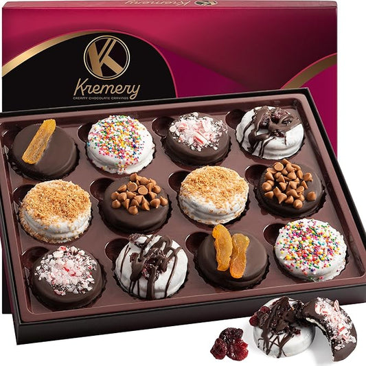KREMERY Creamy Chocolate Cravings - Valentines Day Chocolate Covered Sandwich Cookies & Cream Gift Basket, in Elegant Gift Box (12 Cookies, Assorted Sweet Toppings) Sweet Treats, Kosher