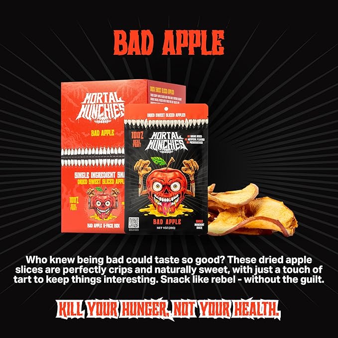 Mortal Munchies - Dried Fruit (6 Pack, 3 Oz) Real Fruit Snack, Sweet and Chewy, Rich in Potassium, Fat-Free On-the-Go Snacks, Healthy Snack for Adults, Non-GMO, No Added Sugar (Apple)