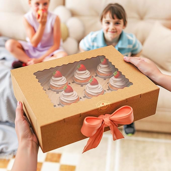 EffiQ-Rate 50 PCS Cupcake Boxes, 12-Count Cupcake Containers with Window, Brown Pastry Boxes with Inner Tray & 50 Stickers for Dessert, Party, Birthday, Holiday (12.8x9.84x3.54 Inch)