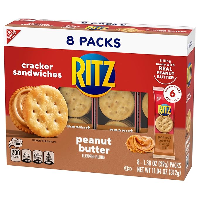 RITZ Peanut Butter Sandwich Crackers, Lunch Snacks, 48 Snack Packs (6 Boxes, 6 Crackers Per Pack)