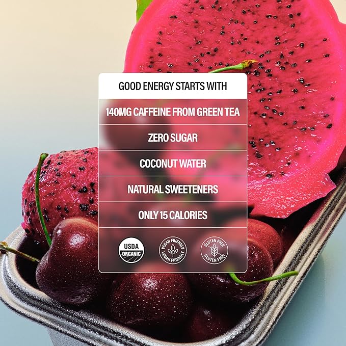 GURU ZERO SUGAR Dragon Fruit Cherry Sorbet Organic Energy Drink with Plant Based Natural Caffeine from Green Tea, Coconut Water, Prebiotic, Zero Added Sugars, Gluten Free & Vegan, Pre Workout, 140MG Caffeine, 12 Oz (Pack of 24)