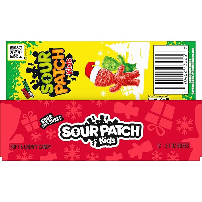 SOUR PATCH KIDS Red & Green Soft & Chewy Holiday Candy, Bulk Candy, 12 - 3.1 oz Boxes
