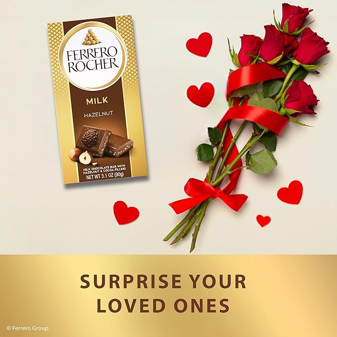 Ferrero Rocher Milk Chocolate Hazelnut Bar, with Cocoa Filling , Valentine's Day Chocolate Gift, 3.1oz