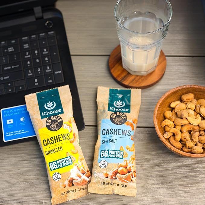 IChoose Go Nuts – Premium Cashews, High Protein Plant-Based Snack, 2 oz per Pack (20 Packs, Unsalted)