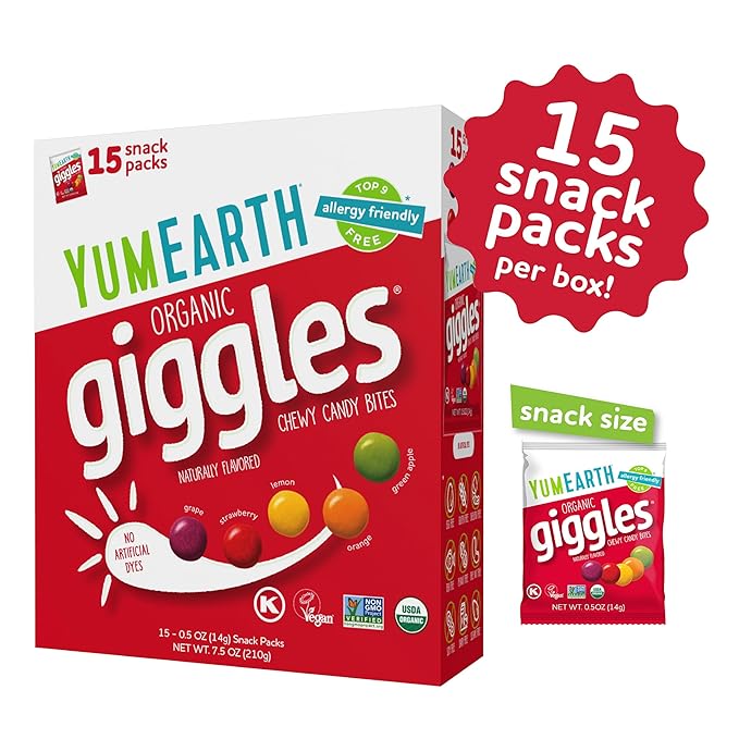 YumEarth Organic Giggles Chewy Candy – Allergy Friendly, No Artificial Dyes, Non GMO, Gluten Free, Fruit Flavored, Vegan Candy Snacks 0.5 oz (Box of 15)