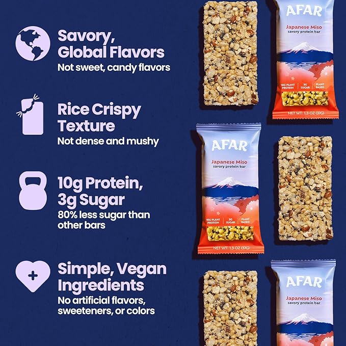 Afar Savory Protein Bars – Low Sugar, High Protein – Healthy Snacks for Adults – Meal Replacement Bar – Rice Crispy Texture – Vegan, Gluten Free (8 Bars, Japanese Miso)