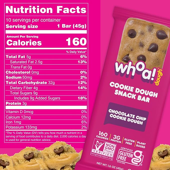 Whoa Dough Edible Cookie Dough Bars- Certified Non-GMO, Kosher and Gluten Free Bars - Healthy Snack Foods - Plant Based Snacks Made With Real Ingredients - Chocolate Chip Cookie Dough - 4 Pack