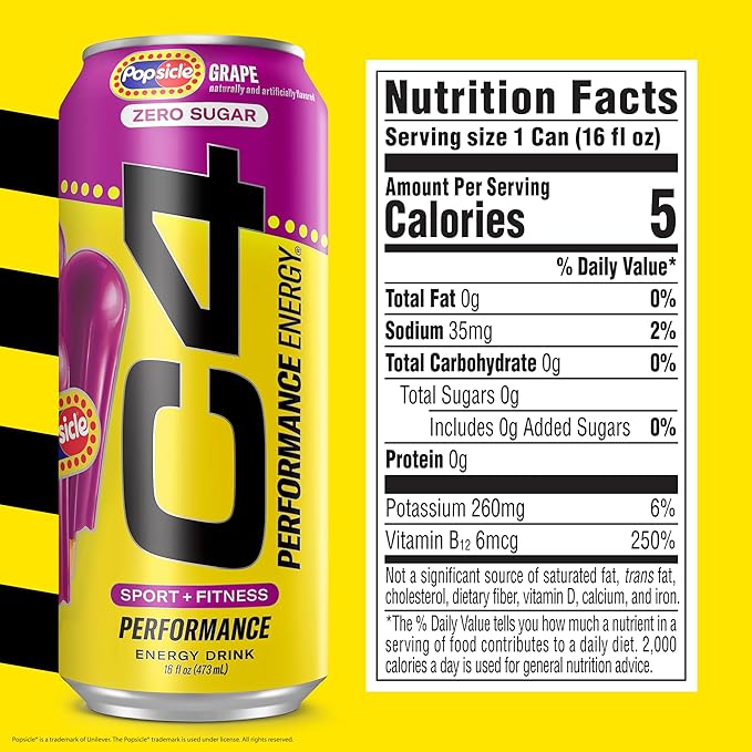 Cellucor C4 Energy Drink x Grape Popsicle, Carbonated Sugar Free Pre Workout Performance Drink with no Artificial Colors or Dyes, 16 Oz, Pack of 12 | Carbonated, Pre Workout, Performance Drink, no Artificial Colors, no Dyes