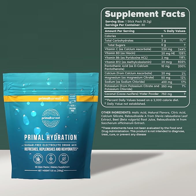 Primal Harvest Electrolytes Powder Packets Primal Hydration, Easy Open Packets, Energy Drink Mix 2 Pack Bundle (Lemon Berry, 60 Packs)