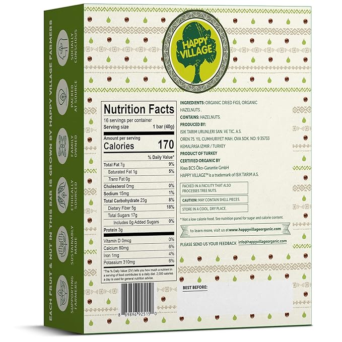 Happy Village Organic Fig & Nut Bar, ORIGINAL FIG | Only 2 Ingredients, Gluten Free, No Added Sugar, Kosher, Non-GMO, Vegan, Good Source of Fiber | Organic Healthy Snack Bars (16 bars, 1.4 OZ each)