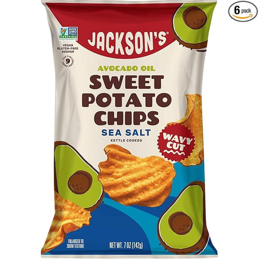 Jackson’s Wavy Sweet Potato Kettle Chips - with Sea Salt made with Premium Avocado Oil (7oz, Pack of 6) - Allergen-friendly, Gluten Free, Peanut Free, Vegan, Paleo Friendly - Shark Tank Product