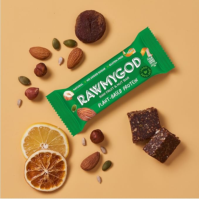 RAWMYGOD Fruit and Nut Bars, Good Source of Protein (4.8g, 12% protein content), Gluten Free, Vegan, No Added Sugar (16 bars, Fruit & Nuts)