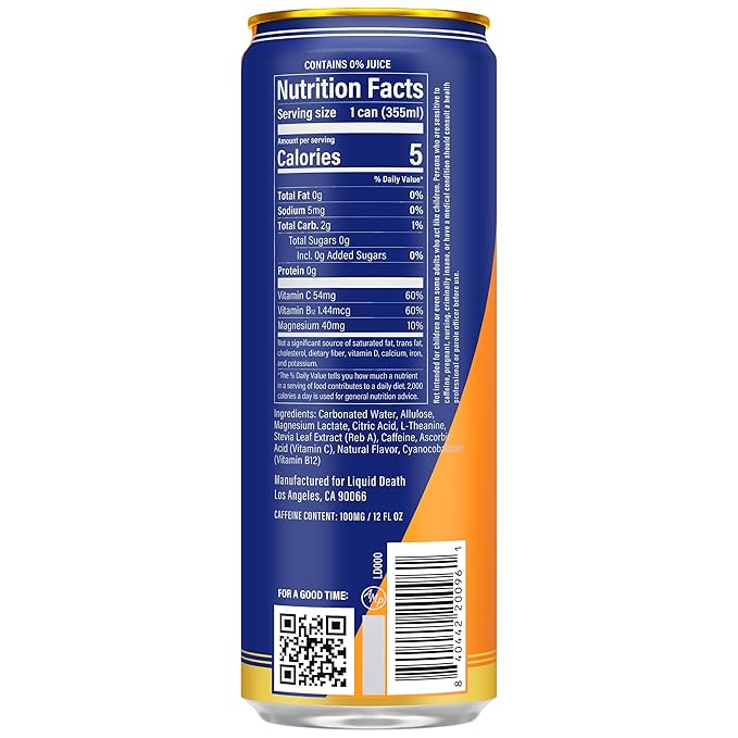 Liquid Death Sparkling Energy - Orange Horror (Orange and Cream), Zero Sugar Energy Drink, Unextreme Caffeine 100mg, Essential Vitamins, 12 Fl Oz (Pack of 12)