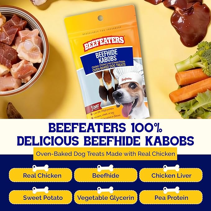 Beefeaters Beefhide 1.58oz (12 Pack) Triple Flavor Kabobs Dog Treats with Real Chicken, Liver & Sweet Potato – Long-Lasting Dog Kabob Treats for Chewing, Dental Support*, Flavor-Packed Treats