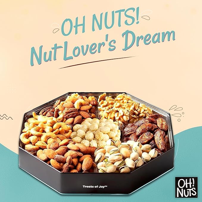 Oh! Nuts 7 Section Nuts Gift Basket - Gourmet Assorted Macadamia Nut Gifts Baskets - Healthy Nuts Gift Hexagon Metal Tin Box - Premium Food Gift for Holiday, Movie Night, Corporate, Men & Women