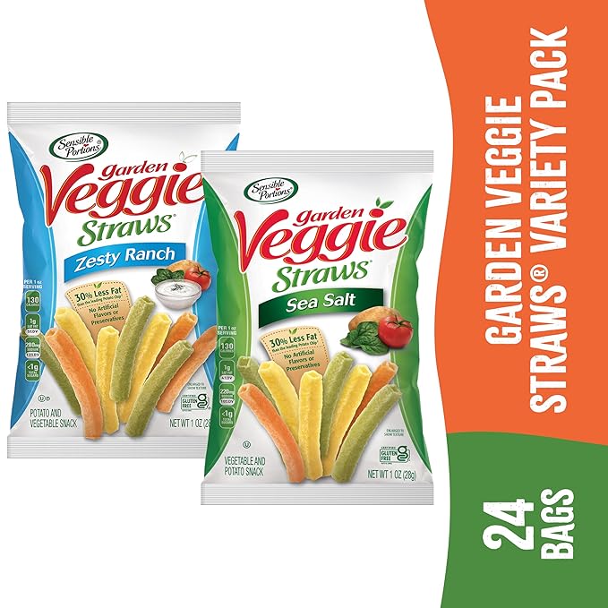 Sensible Portions Garden Veggie Snacks - Veggie Straws, Snack Size Variety Pack, Sea Salt & Zesty Ranch, 1 Oz (Pack of 24)