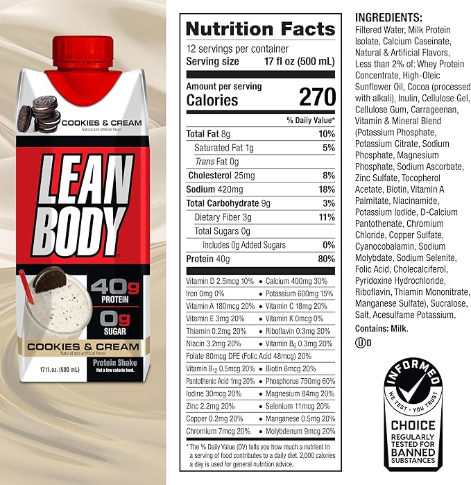 Labrada Lean Body Ready-to-Drink Cookies and Cream Protein Shake, 40g Protein, Whey Blend , 0 Sugar, Gluten No, 22 Vitamins & Minerals, (Recyclable Carton & Lid - Pack of 12) LABRADA , 17 Fl Oz (Pack of 12)
