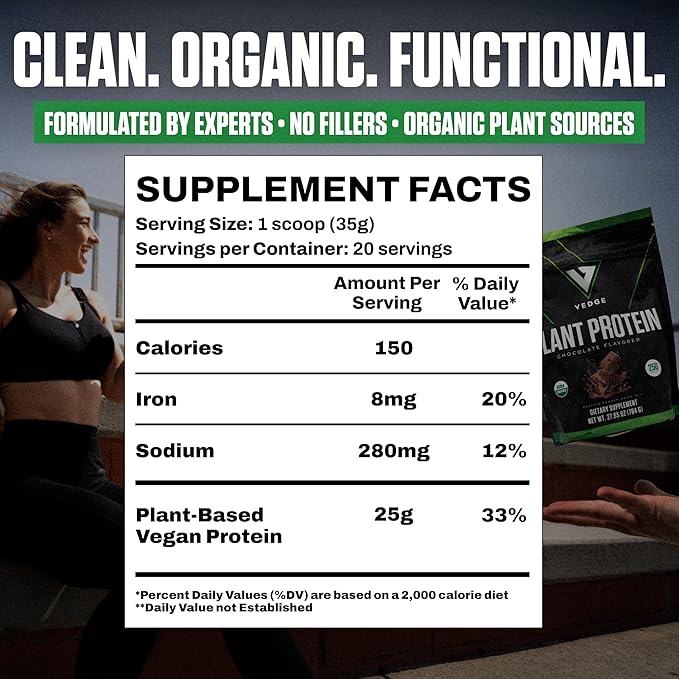 VEDGE Vegan Protein Powder - Plant Protein Powder with Pea, Pumpkin & Sunflower - USDA Organic, Amino Acids, Dairy Free, Gluten Free, Soy Free, Keto, Non GMO, Smooth Texture - Chocolate - 20 Servings