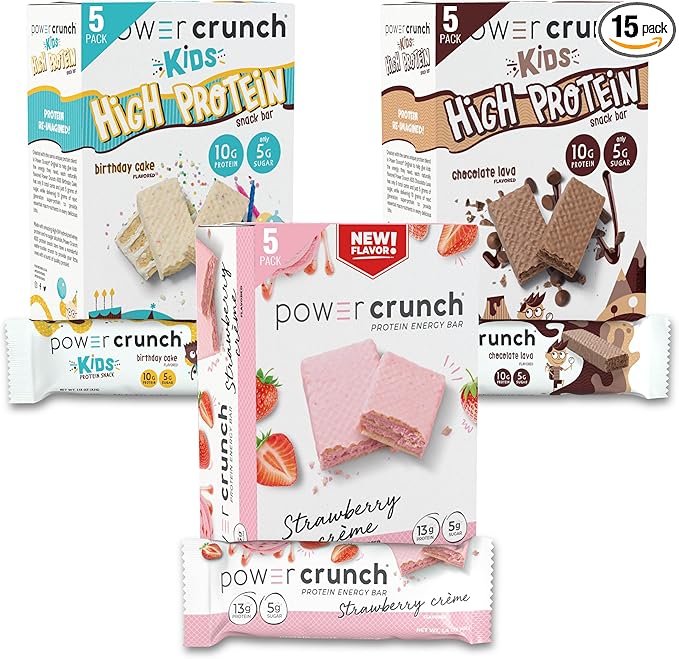 Power Crunch Protein Wafer Bars and Power Crunch KIDS Protein Bars, Variety Pack, (15 Count) High Protein Snacks with Delicious Taste