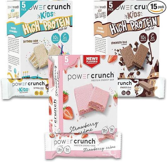 Power Crunch Protein Wafer Bars and Power Crunch KIDS Protein Bars, Variety Pack, (15 Count) High Protein Snacks with Delicious Taste