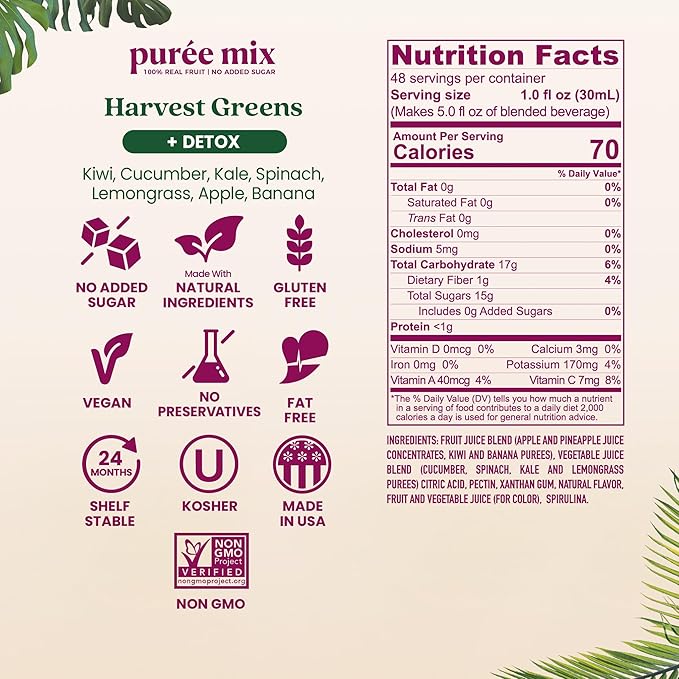 Smartfruit Harvest Greens + Detox – 100% Real Fruit Purée with Kiwi, Cucumber, Kale, Spinach, Lemongrass, Apple, Banana – Great for Smoothies, Juice, Yogurt, Cocktails, Teas & More – 48oz