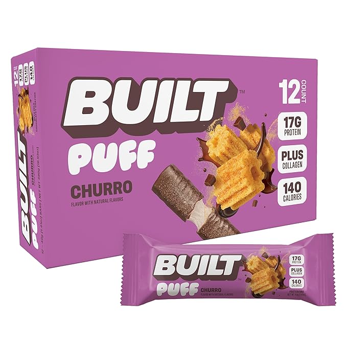 Built Bar, Puff Protein Bars, Churro Puff, 17g Protein Snacks, On-The-Go Bars, Only 140 Calories & 7g Sugar, Collagen, Gluten Free, 12 Count