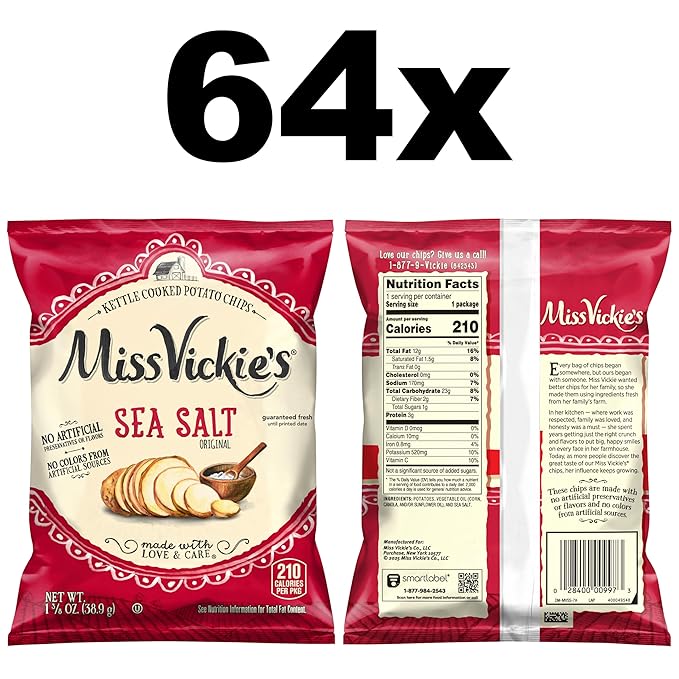 Miss Vickie's Sea Salt Flavored Kettle Cooked Potato Chips, 1.375 Ounce (Pack of 64)