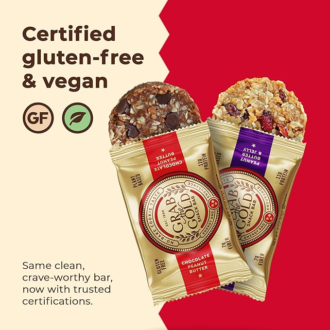 Grab The Gold Protein Snack Bar Variety Pack | Plant-Based Protein, Gluten-Free, Vegan, Dairy-Free, Kosher | 14 Count Variety Pack 7 Chocolate Peanut Butter & 7 Peanut Butter & Jelly