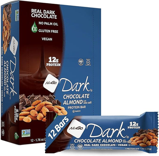NuGo Dark Chocolate Almond w/Sea Salt, 12g Protein Bar, Vegan, Gluten Free, Non-GMO, Kosher Pareve, 12 Count
