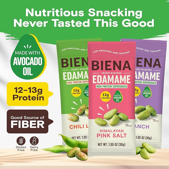 Biena Crispy Roasted Edamame Beans Snack – High Protein Low Carb Snack for Adults & Kids, 12g-13g Protein per Serving - Made w/Avocado Oil – Vegan, Gluten-Free – 18-Pack 1.05oz Variety Pack