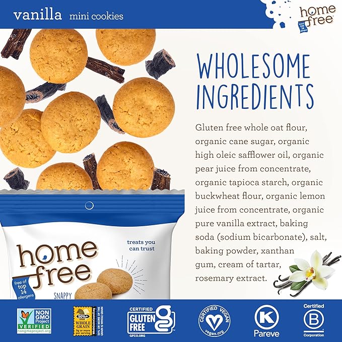 Homefree Treats You Can Trust Gluten Free Mini Cookies, Single Serve, Vanilla, 70% Organic, 1.1 Ounce (Pack of 30)