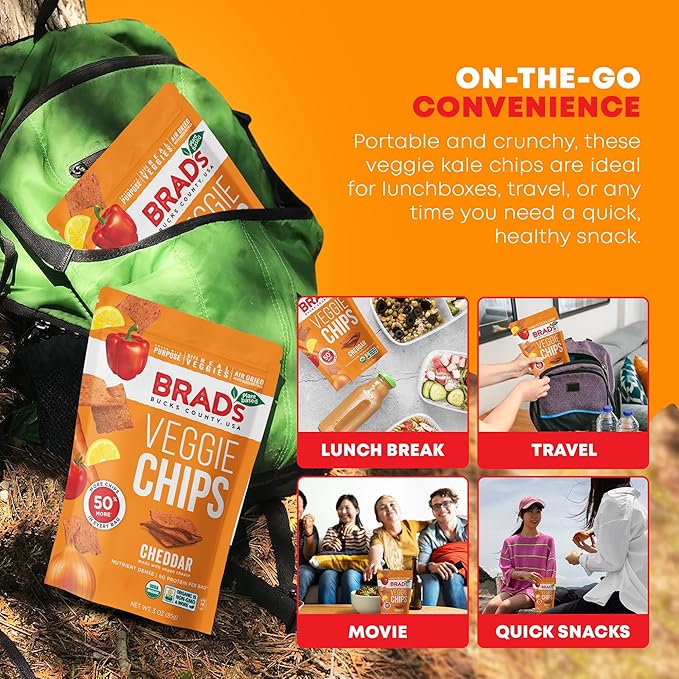 Brad’s Plant-Based - Organic Veggie Cheddar Chips - Delicious Healthy Snacks - High Protein & High Fiber Snacks - Low Carb - Organic Veggie On-the-Go Cheddar Chips - 3 Oz (Pack of 5)