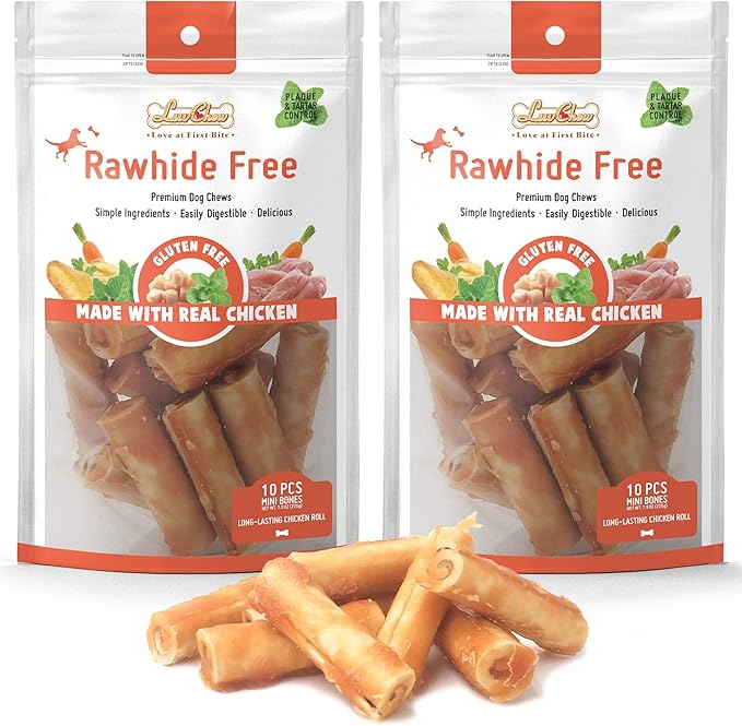 LuvChew Gluten Free Rawhide Free Dog Chew Chicken Rolls Mini 2.5" for Small Dogs 10 pcs/Pack (Mini 2.5" 10pcs/Pack x2 Packs)