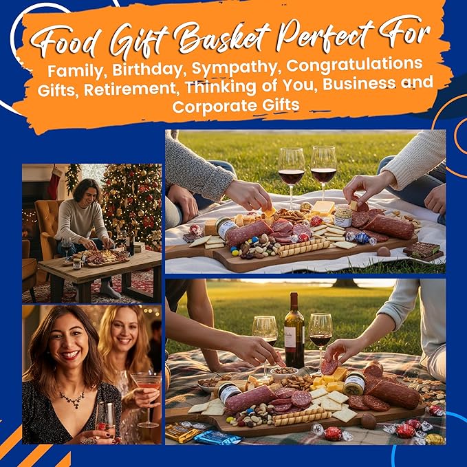 Deluxe Meat and Cheese Gift Basket - Gourmet Charcuterie Assortment Charcuterie Food Items with Imported Chocolates Lindt, Ghirardelli, and Dubai Chocolate, Food Gifts for Men, Tailgating, Business, Care Packages, Holiday Special, and Christmas Gifts -...