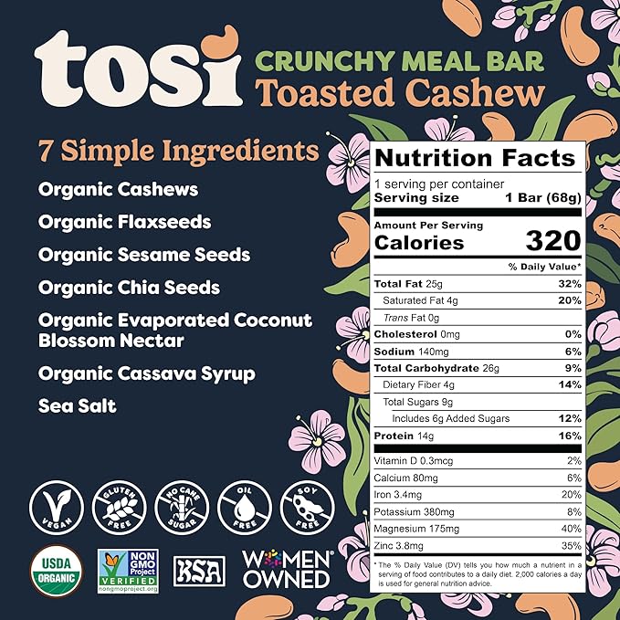 Tosi Meal Nut Bars, Cashew, Healthy Snacks for Adults & Kids, Crunchy Plant Based Protein Bar (14G), Keto Snacks, Vegan, Gluten & Soy Free, Low Sugar, Omega 3s, 2.4oz, 12-Pack